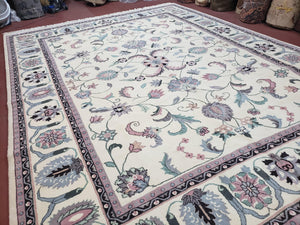 Ivory & Teal Indo Persian Area Rug 9x12, Wool Hand-Knotted Oriental Carpet, 9 x 12 Soft Traditional Living Room Rug, Dining Room Rug