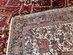 Persian Heriz Rug 10x13, Wool Hand Knotted Vintage Carpet, Geometric Medallion Tribal Oriental Rug, Red & Ivory, 10 x 13 Large Sized Rug