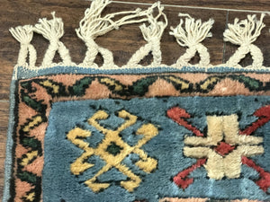 Turkish Kazak Runner Rug 3x11, Cream and Light Blue, Vintage