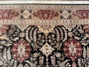 Sino Persian Rug 9x12, Black & Maroon, Wool and Silk, Allover Pattern