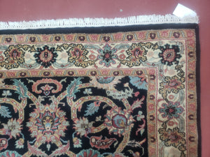 Vintage Indo Persian Mahal Area Rug 4x6, Wool Hand-Knotted Midnight Blue & Ivory Floral Design Indian Carpet, 4 x 6 Traditional Oriental Rug