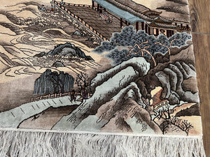 Silk Chinese Wall Hanging Rug 3x6 ft Tapestry, Pagoda Scene, Pictorial, High Quality Fine Hand Knotted Vintage, Asian Oriental Handmade Nice