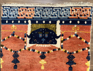 Rare Chinese Ningxia Pillar Rug 3x8, Late Qing Dynasty, 5 Clawed Dragon, Cloud Rainbow Border, Collectible Antique Carpet, Wool Hand Knotted