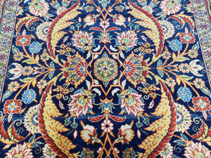 Square Turkish Mahal Rug 8 x 8.5, Colorful Square Carpet, Large 8ft Square Rug, Blue Red Yellow, Handmade Wool, Vintage, Large Flowers, Nice