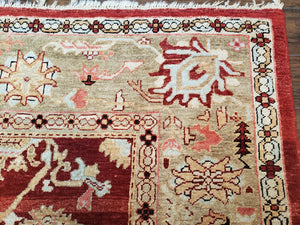 Peshawar Rug 9.5 x 10.8, Almost Square Size, Red and Beige Chobi Sultanabad Rug, Shah Abbas Flowers, Wool Handmade, Vintage Oriental Carpet