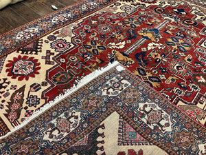 Antique Persian Heriz Rug 8x12 ft, Geometric Tribal Room Sized Carpet, Camel Hair Red Navy Blue, Wool Hand Knotted Medallion Oriental Carpet