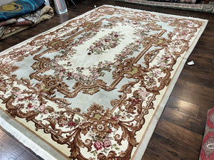 Aubusson Rug 10x13, Cream and Light Mint Green Hand Knotted Handmade French Savonnerie European Carpet, Wool Pile, Large Room Sized Vintage