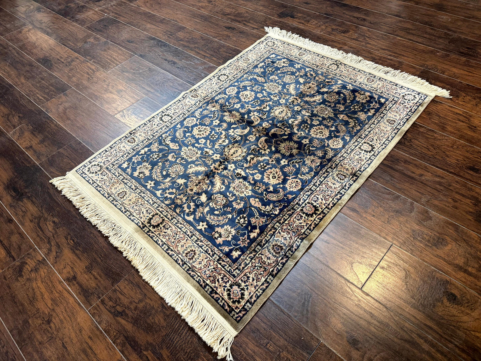 Vintage Art Silk Rug 3x4, Traditional Oriental Persian Design Rug, Belgium Power Loomed Rug, Navy Blue