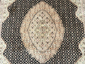 Sino Persian Rug 8x10, Herati Mahi Pattern, Fine 170 KPSI, Black, Wool and Silk Highlights