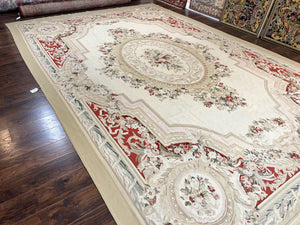 Large Aubusson Rug 11x17, Wool Handmade Vintage Carpet, Ivory Beige, French European Elegant Design, Palace Size Rug
