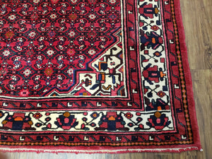 Vintage Persian Hamedan Rug 7x10, Angelas Mahi Pattern, Red, Wool, Hand-Knotted