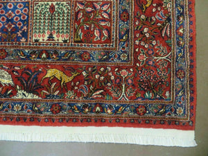 Wonderful Persian Bakhtiari Rug 8x11, Panel Design Animal Pictorials, Handmade Semi Antique Vintage Oriental Carpet, Multicolor Room Sized Wool & Silk
