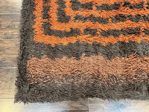 Vintage Rya Shag Rug 4.6 x 6.6, Abstract Design, Brown and Orange, Mid Century Danish Rya Carpet