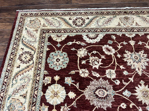 Peshawar Rug 9x11, Pakistani Oriental Carpet, Maroon and Beige, Floral Allover, Wool Hand Knotted Handmade Vintage Rug