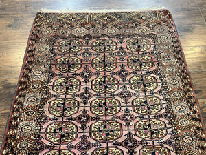 Persian Turkoman Rug 4x6, Wool Hand Knotted Antique Bokhara Carpet, Red Pink, Handmade Tribal Oriental Rug 4 x 6 ft
