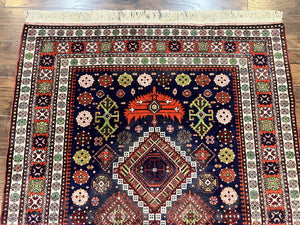 Persian Afshar Tribal Rug 5x6, Geometric Pattern, Navy Blue Multicolor Antique Vintage Persian Carpet, Hand Knotted Handmade Wool Rug