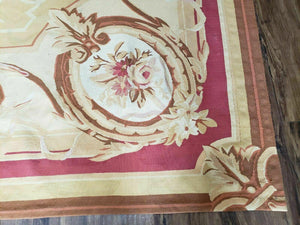 Aubusson Rug 10x13, Savonneire Carpet 10 x 13 ft, Handmade Vintage Flatweave Room Sized Wool Floral Aubusson, Cream/Tan Ivory Reds Pinks