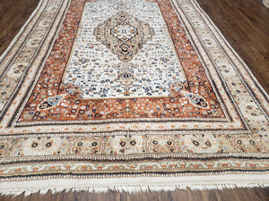 6x9 Vintage Indo-Persian Area Rug, Wool Hand-Knotted Carpet, Ivory & Squash Orange, Floral Medallion Tribal Rug, Indian Carpet, Decorative