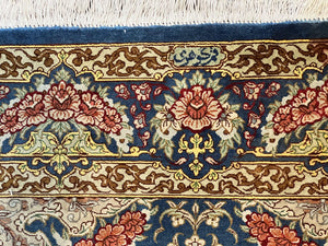Magnificent Persian Qum Silk Rug 3x5, Blue, Super Fine 675 KPSI - 70 Raj, Floral Roses, Handmade Vintage Silk Carpet, Masterpiece