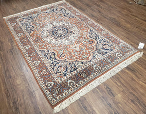 Antique Indian Kashmiri Area Rug 4x6, Wool Hand-Knotted Red & Ivory Floral Medallion Persian Carpet, Vintage Oriental Entryway Rug 4 x 6
