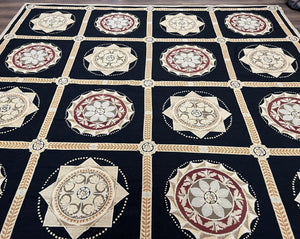 Large Needlepoint Rug 10x13, Panel Design, Black and Beige, Wool Needlepoint Carpet 10 x 13, English Garden, Handwoven Area Rug, Living Room