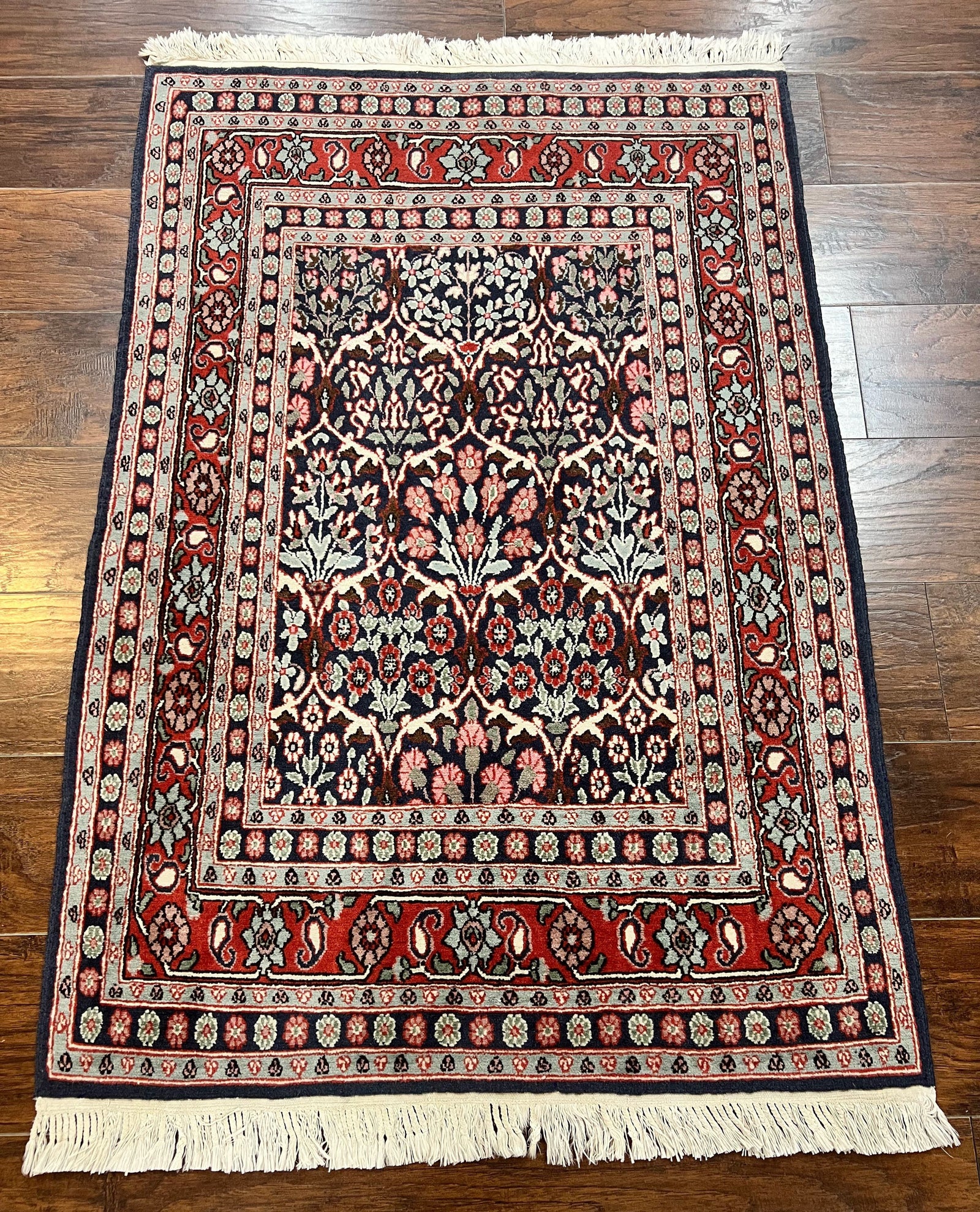 Pak Persian Rug 3x4, Wool Hand Knotted Vintage Traditional Carpet, Navy Blue & Red, Very Fine Small Handmade Floral Rug