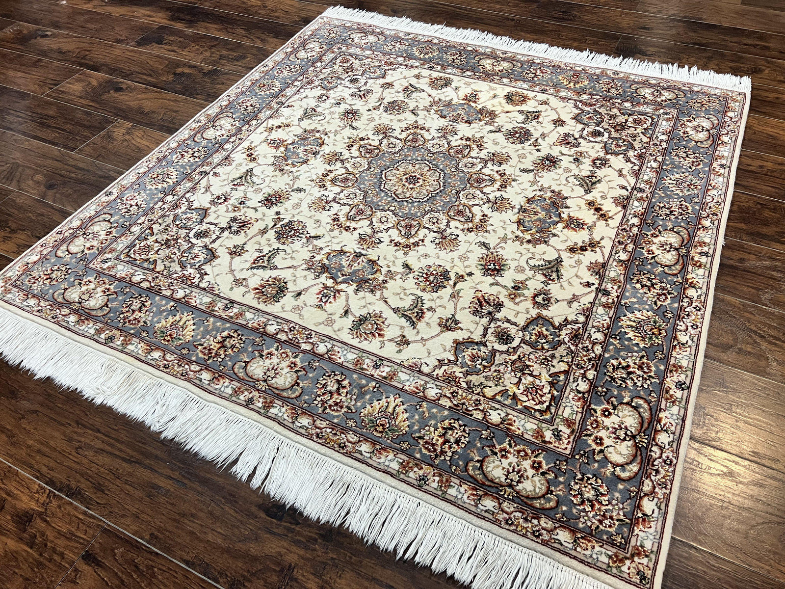 Sino Persian Square Rug 5x5, Very Fine Oriental Carpet, Wool & Silk Highlights, Ivory, Hand Knotted Handmade Vintage Traditional Rug