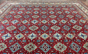 Large Turkish Rug 11x16, Allover Pattern, Red Multicolor, Hand Knotted Handmade Wool Vintage Oriental Carpet, Palace Sized, Extra Large