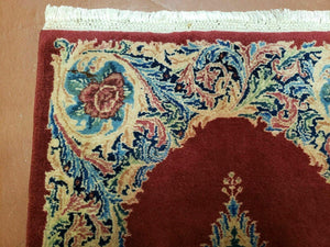 Small Persian Kirman Rug 2x4, Wool Oriental Vintage Handmade Carpet, Hand Knotted Floral Medallion, Red & Beige, Semi Open Field