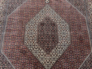 Wonderful Persian Bidjar Rug 7x8 ft, Almost Square Oriental Carpet, Herati Mahi, Highly Detailed, Ivory Red Navy Blue, Very Fine Handmade Bijar Rug