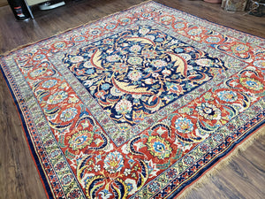 Square Turkish Mahal Rug 8 x 8.5, Colorful Square Carpet, Large 8ft Square Rug, Blue Red Yellow, Handmade Wool, Vintage, Large Flowers, Nice