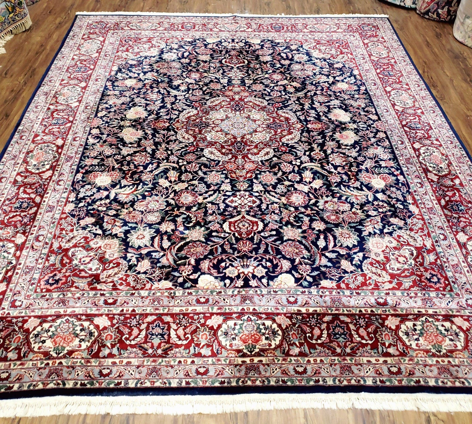 Vintage Dark Blue Persian Room Sized Rug 8x10, Wool & Silk Highlights Hand-Knotted Midnight Blue Red Floral Carpet, 8 x 10 Living Room Rug