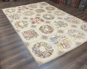 Vintage Needlepoint Rug 8x11, Floral Panel Design, Flatweave Handmade Needlepoint Carpet 8 x 11, Room Size Wool Needlepoint Rug, Cream Color