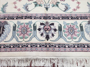 Ivory & Teal Indo Persian Area Rug 9x12, Wool Hand-Knotted Oriental Carpet, 9 x 12 Soft Traditional Living Room Rug, Dining Room Rug