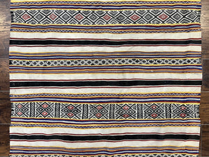 South American Kilim Rug 4x7 ft, Wool Handmade Vintage Carpet, Ivory Black Multicolor Stripes, Bohemian Blanket Rug, Flatweave Area Rug