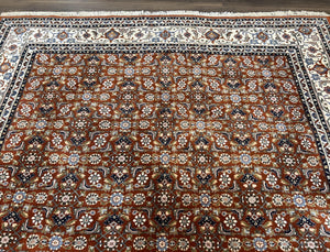 Indo Bidjar Rug 8x10, Indo Persian Bijar Carpet 8 x 10 ft, Herati Allover Floral, Red and Ivory, Wool Hand Knotted Vintage Oriental Rug Nice
