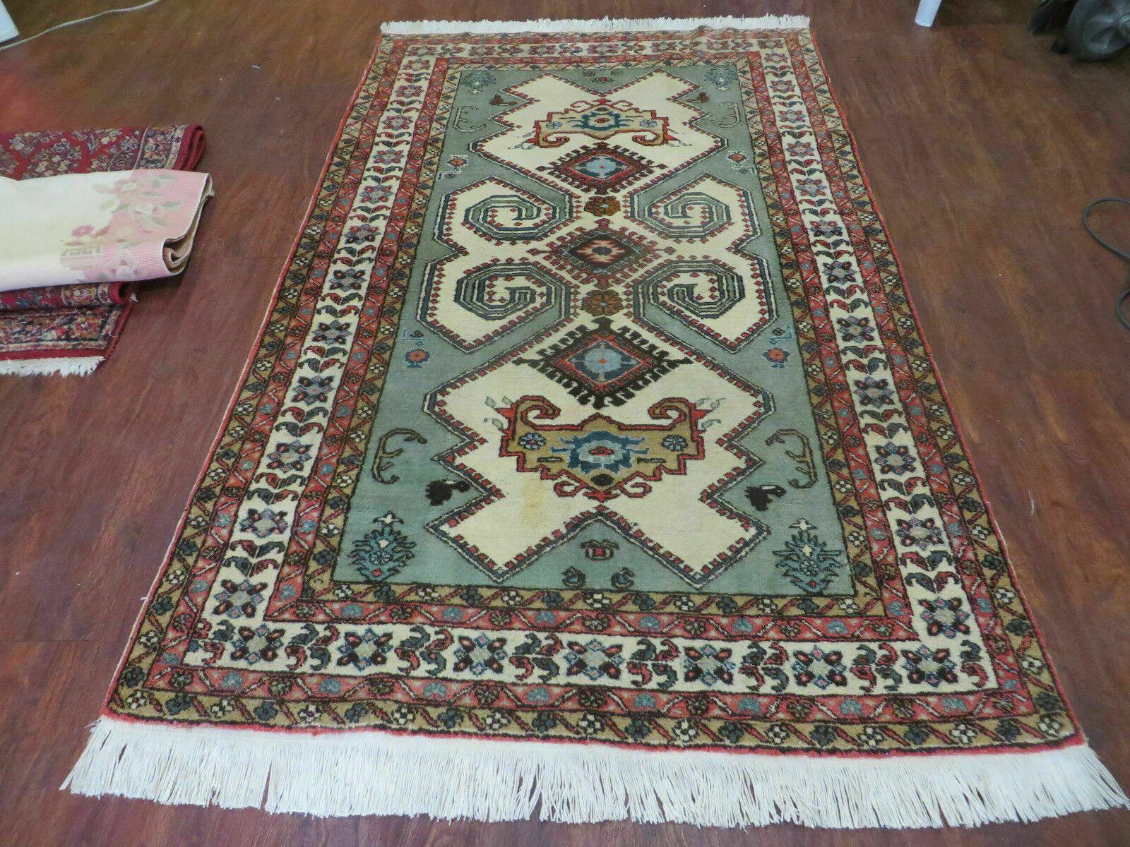 4' X 7' Vintage Handmade Knotted Rug India Caucasian Wool Soft Green Organic