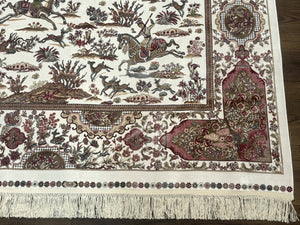 Turkish Silk Rug 5x8, Ivory, Hunting Design, Animal Pictorials, Bamboo Silk