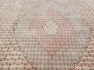 Stunning Oversized Pak Persian Oriental Rug 12x15, Hand Knotted Wool & Silk Palace Sized Carpet, Mahi Pattern, Very Fine, Peach Beige, Wow