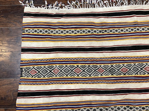 South American Kilim Rug 4x7 ft, Wool Handmade Vintage Carpet, Ivory Black Multicolor Stripes, Bohemian Blanket Rug, Flatweave Area Rug