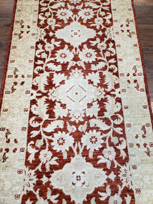 21 ft Runner Rug Long Hallway Runner, 3 x 21 Corridor Rug, Peshawar Pak Persian Chobi Agra Rug, Maroon and Beige Large Flowers Wool Handmade