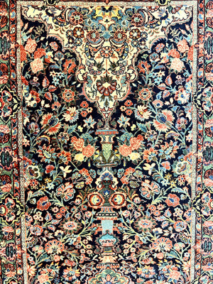 Persian Saoruk Rug 4x5, Navy Blue and Red, Floral, Antique Persian Wool Carpet, Handmade