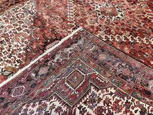 Large Persian Heriz Rug 10x13, Red and Cream Geometric Tribal Room Sized Handmade Wool Hand Knotted Semi Antique Decorative Oriental Carpet