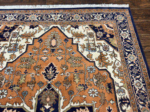 Indo Heriz Rug 6x8, Wool Hand Knotted Vintage Oriental Carpet, Orange-Red Ivory & Navy Blue, Medallion Rug, Handmade Indo Persian Rug
