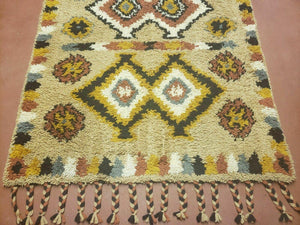 Portuguese Rya Style Shag Rug Moroccan Design, 4x6 Vintage Colorful Geometric Rug, Handmade Wool Gold Tan, Soft Pile Rug
