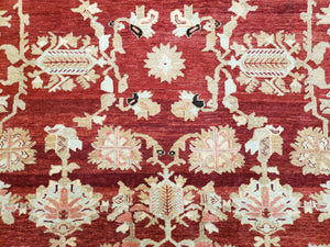 Peshawar Rug 9.5 x 10.8, Almost Square Size, Red and Beige Chobi Sultanabad Rug, Shah Abbas Flowers, Wool Handmade, Vintage Oriental Carpet