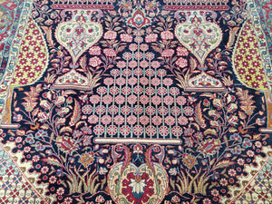 Antique Persian Tehran Rug 5x8, Midnight Blue and Red, Hand-Knotted, Wool