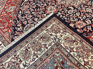 Indo Persian Rug 10x15, Floral Allover, Handmade Vintage Wool Carpet, Dark Blue Ivory Red, Palace Size Traditional Rug