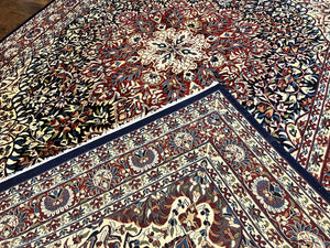 Indo Persian Rug 9x13, Floral Medallion, Midnight Blue & Burgundy, Hand Knotted Vintage Room Sized Traditional Wool Oriental Carpet