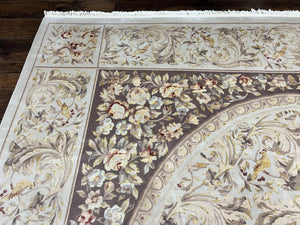 Aubusson Rug 10x14, Wool & Silk Highlights Hand Knotted Vintage Carpet, Birds Flowers, Fine Details, Elegant